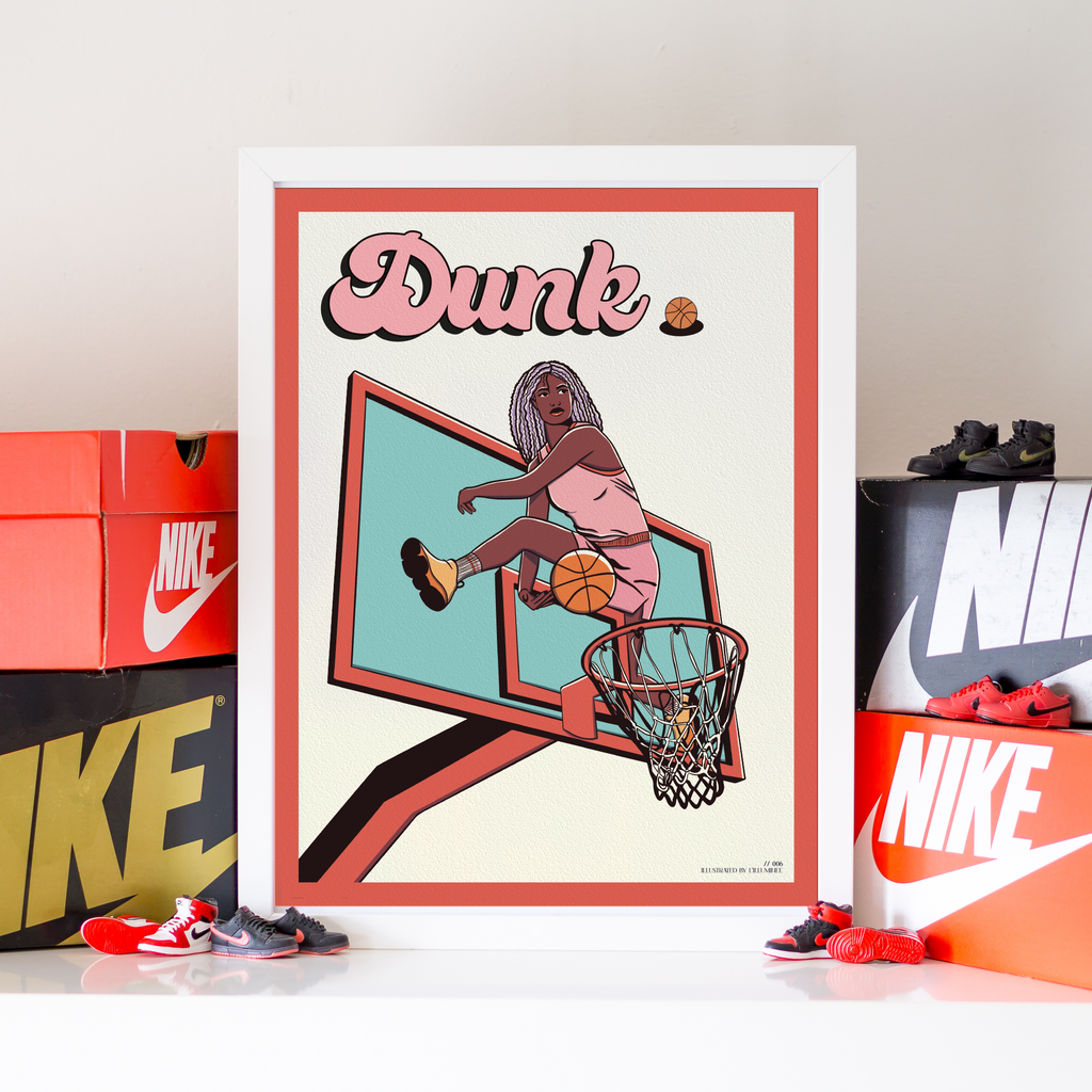 Affiche vintage basket ball, édition féminine, dunk